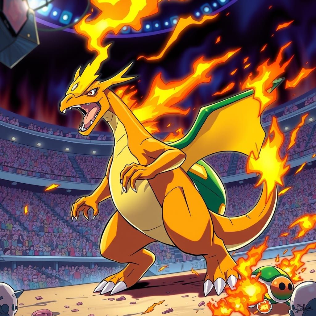 Fiery Pokémon Hybrid in Heated Stadium Battle