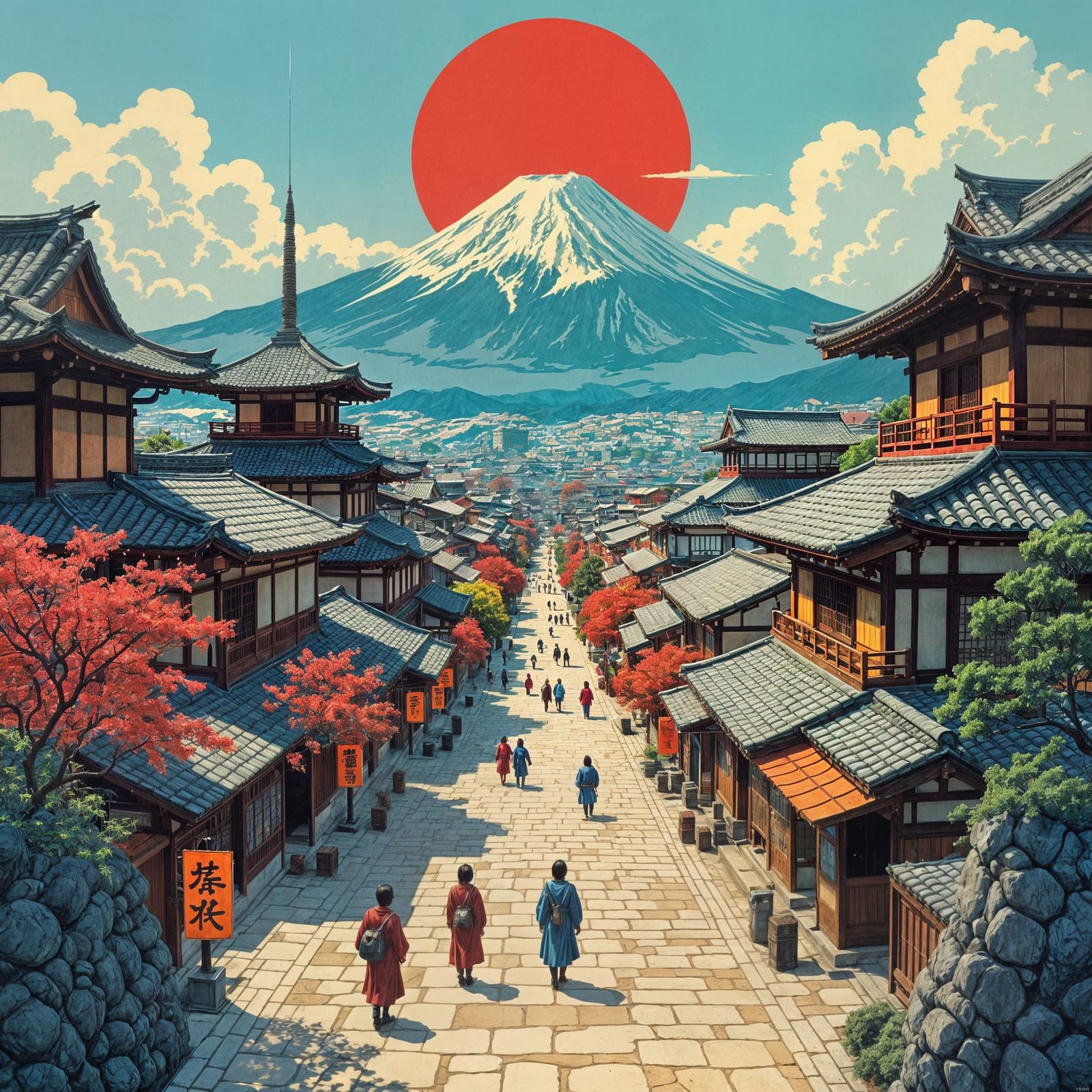 Japanese Town on Volcano Battlemap in Pulp Fantasy Style