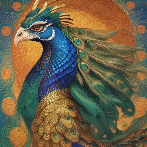 Dragon-Peacock Woman Portrait in Klimt Style