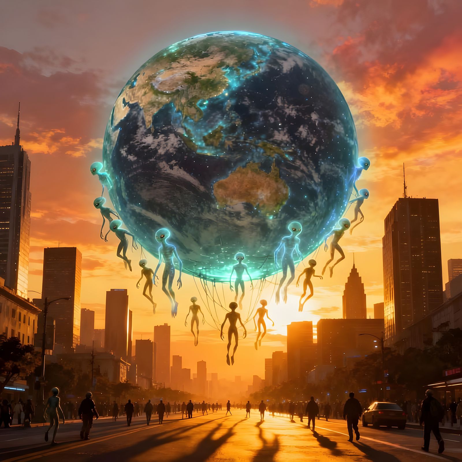 Little Aliens Carry Glowing Earth Through City at Sundown
