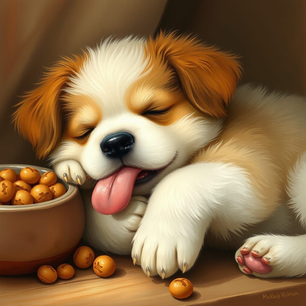 Sleepy Puppy in Whimsical Kibble Landscape