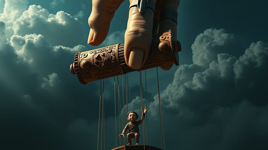 Giant Hand Descends from the Clouds, Controlling a Puppet