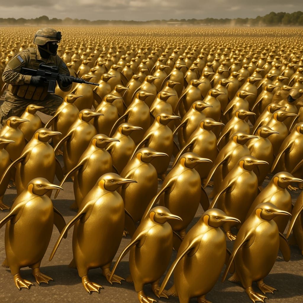 Solid Gold Penguin Army Mounts Epic Military Attack