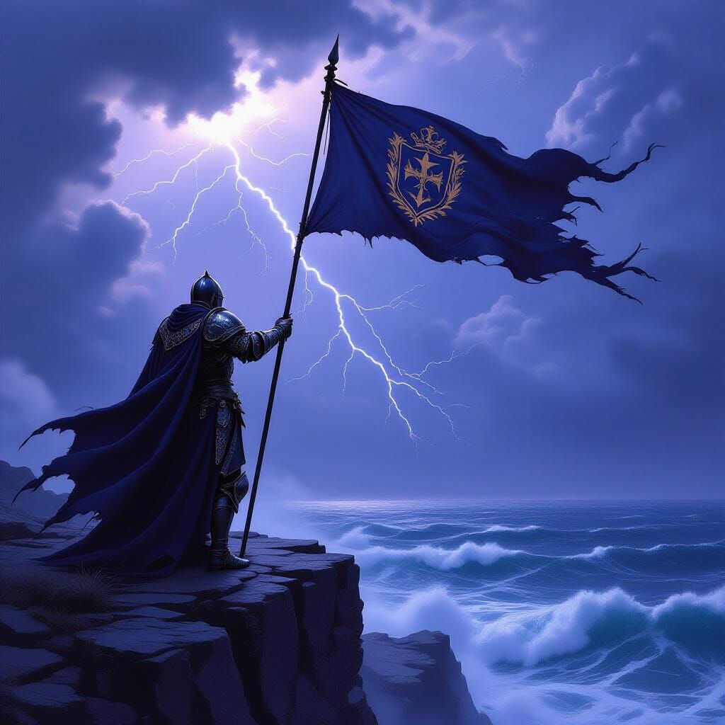 Knight on Stormy Cliff Overlooking Sea