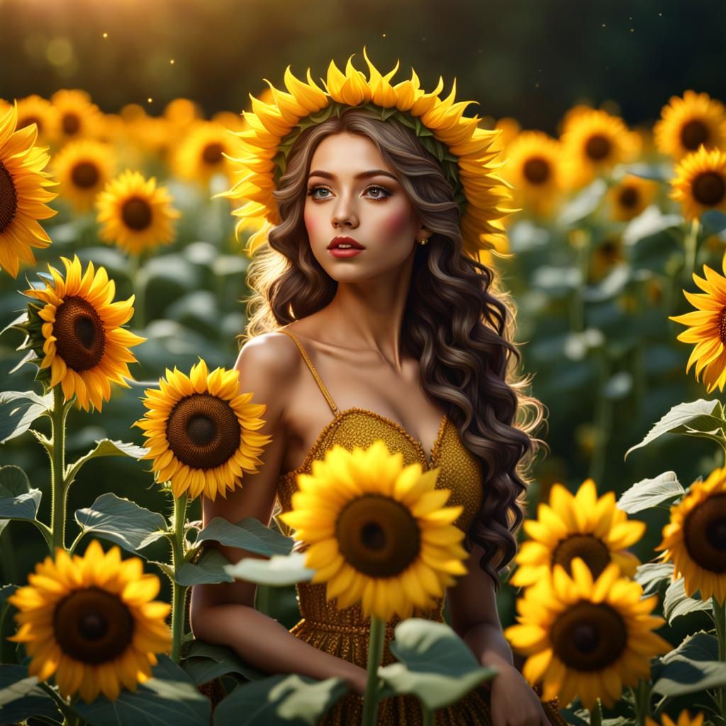 Hyperrealistic Sunflower Fairy in a Sunflower Field