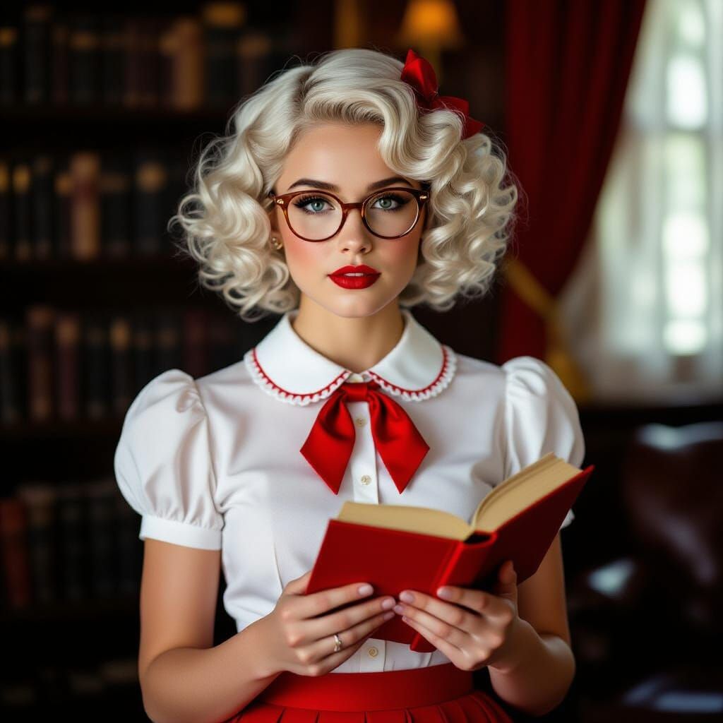 Nerdy Girl with White Hair in Cinematic Film Still