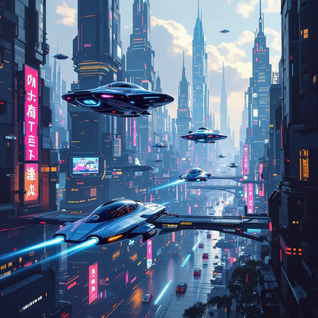 Futuristic Cityscape with Flying Vehicles in Neon Lights