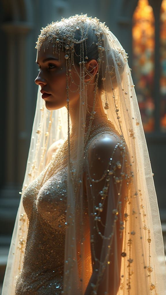 Mysterious Jewel-Draped Figure in Starlight Veil