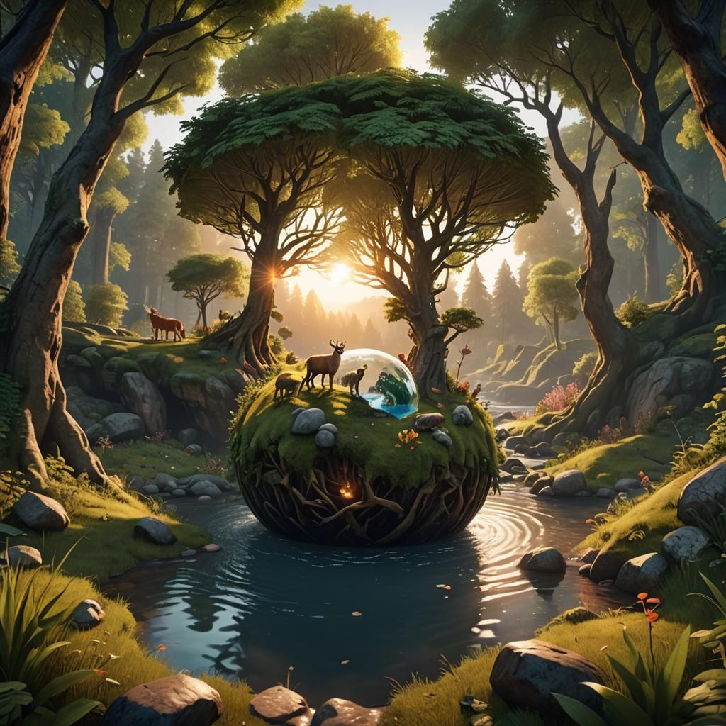 Forest Ecosystem Inside Glass Sphere: 3D Game Art