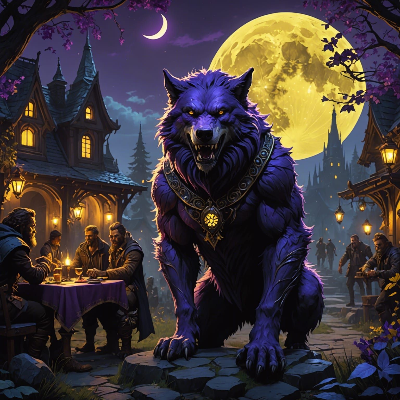Werewolf Party Under Full Moon, Dark Fantasy Art