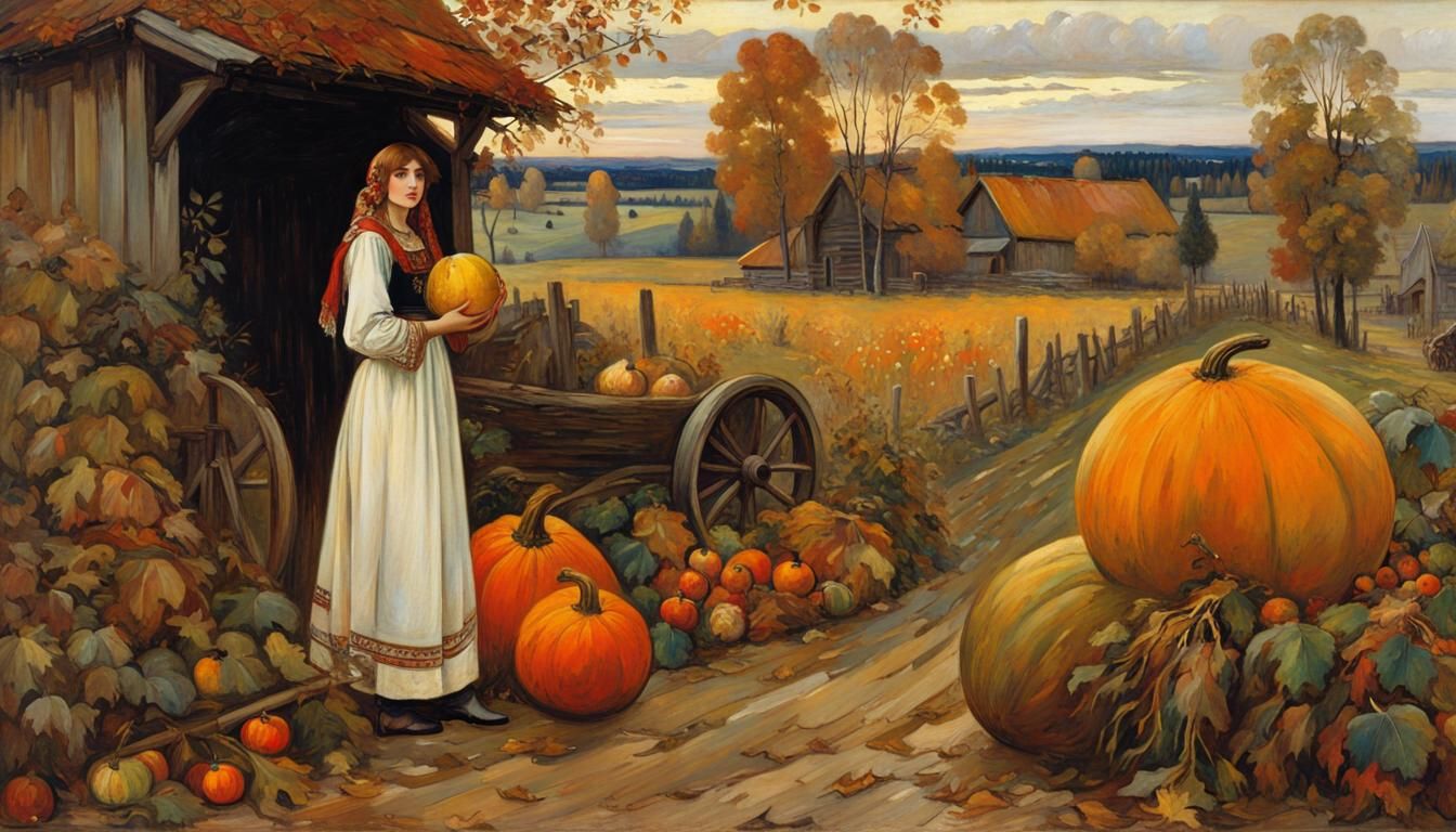 Maiden With Gourd: Pre-Raphaelite Autumn Painting