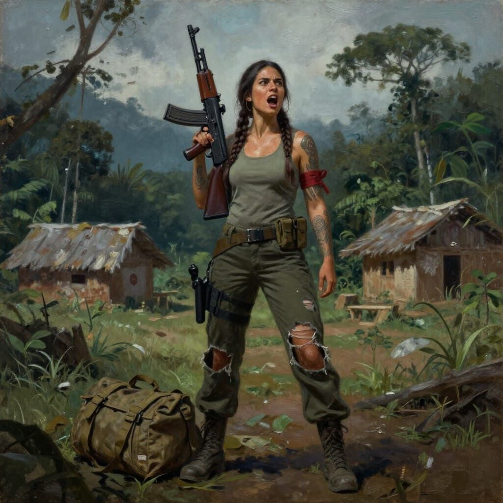 Determined Woman Warrior in South American Village Oil Paint...