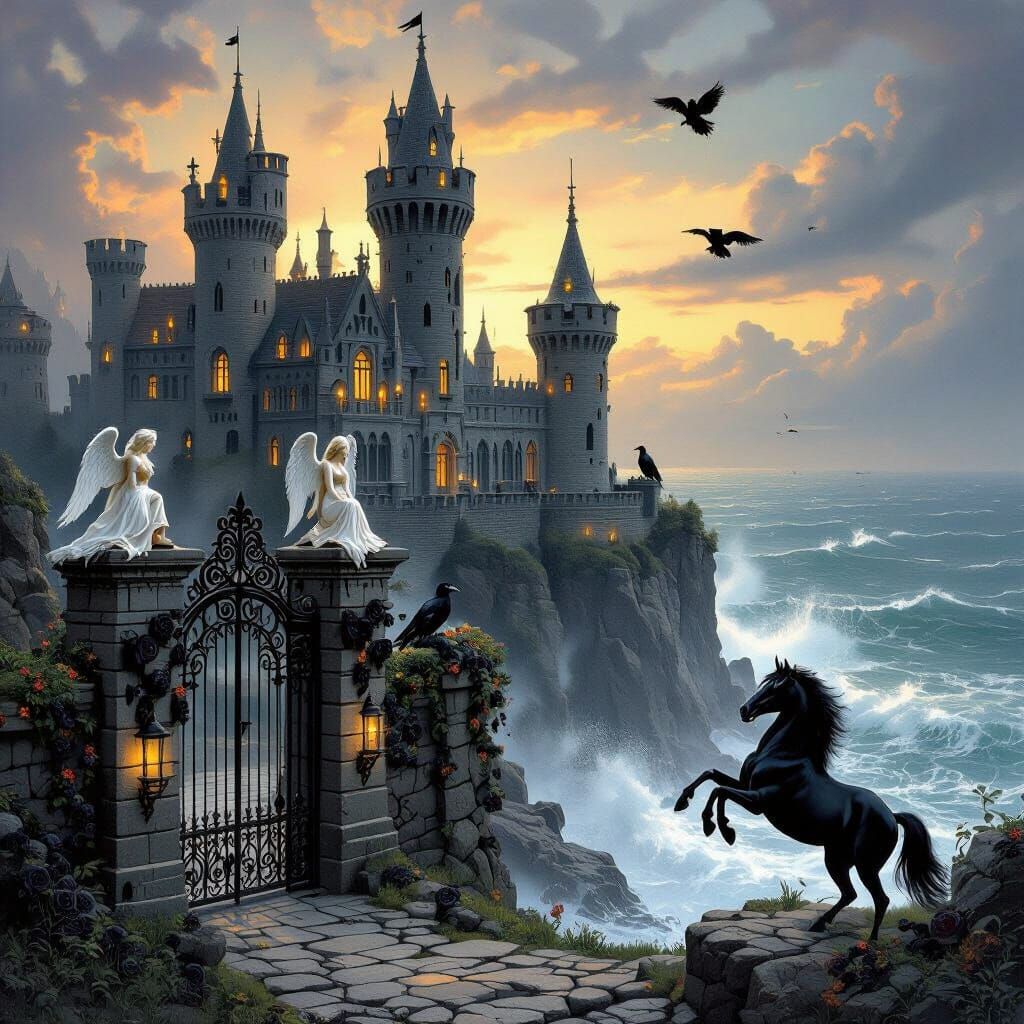 Gothic Castle with Angels and Black Stallion