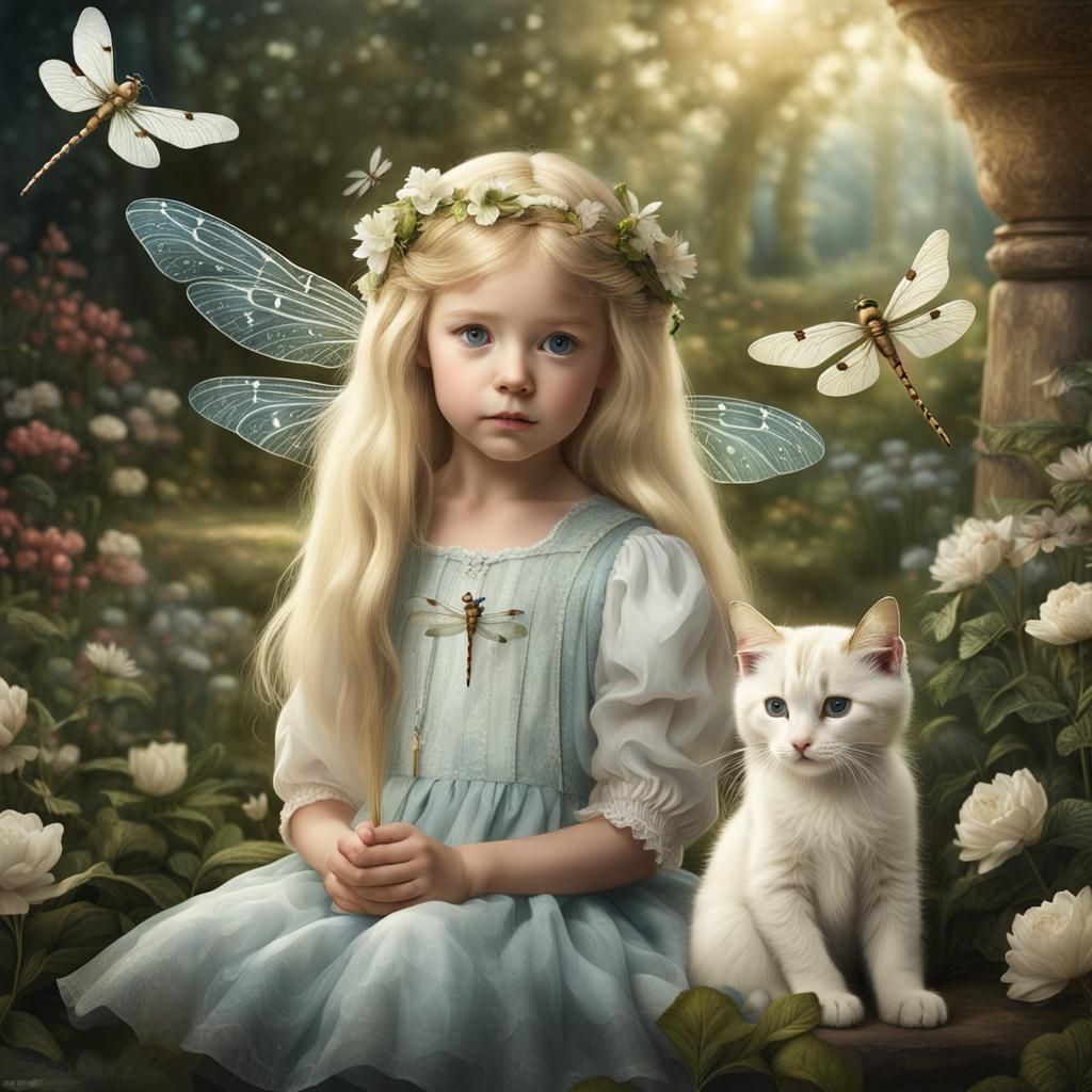 Fairy Child with Kitten in Garden, Old Master Style
