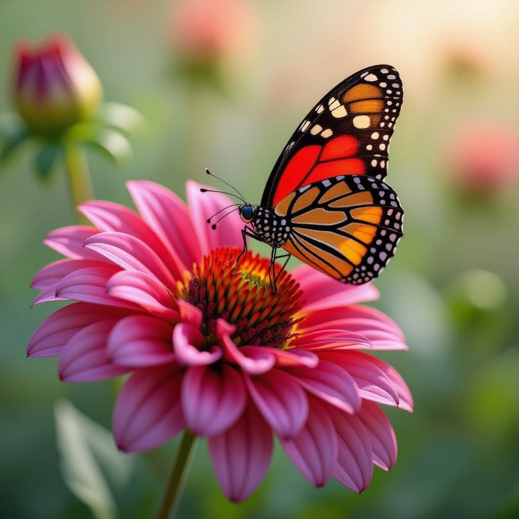 Dahlia Mignon white and red-black butterfly on it.
the backg...
