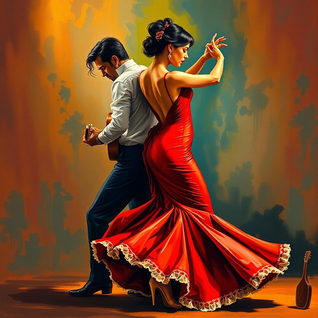 Flamenco Dancer and Guitarist in Surrealist Style