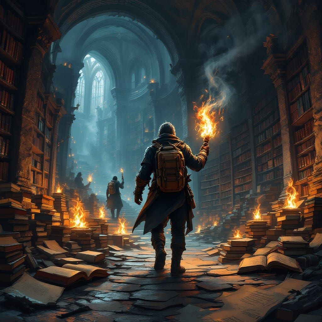 Ancient Library Ambush in a Warm, Golden Light