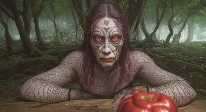 Rotten Tomato Fruit Monster Portrait in Spooky Forest