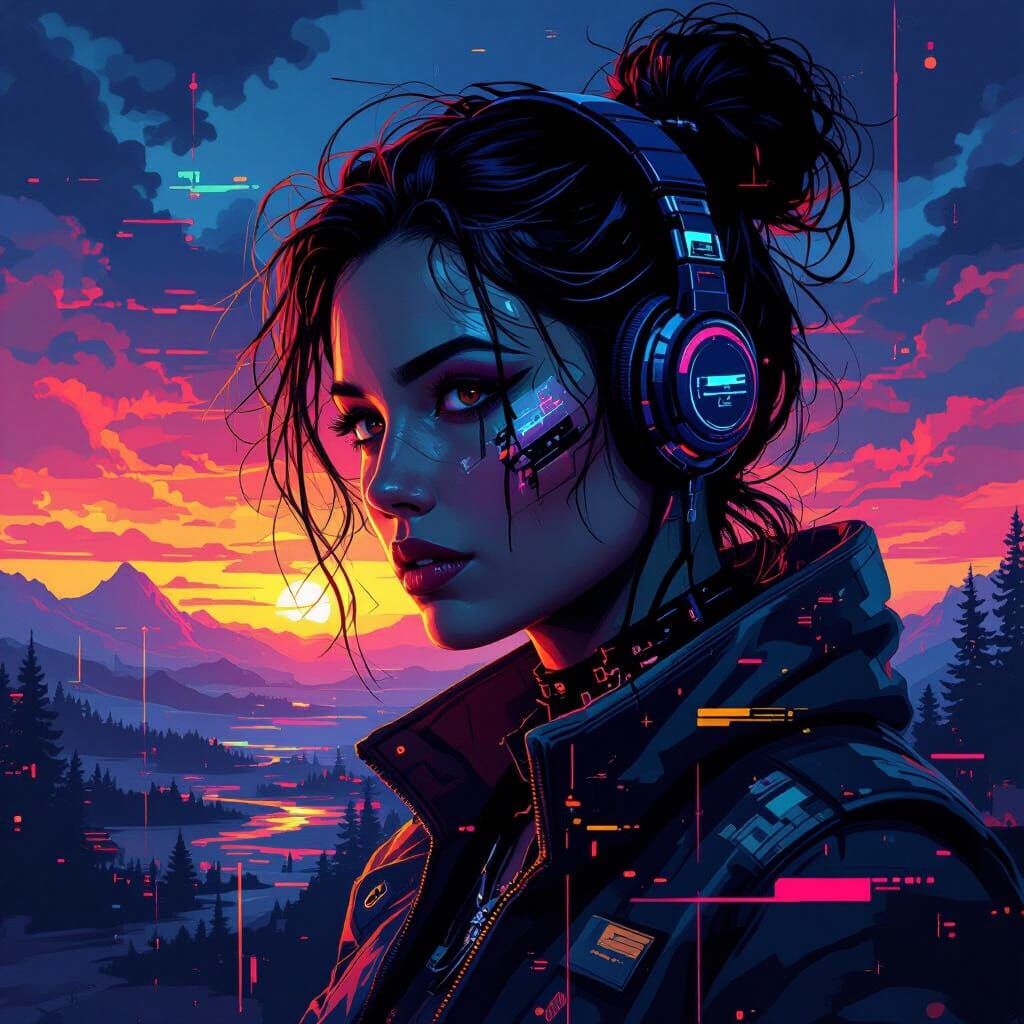Vibrant Digital Collage Blending Cyberpunk and Whimsical Sty...
