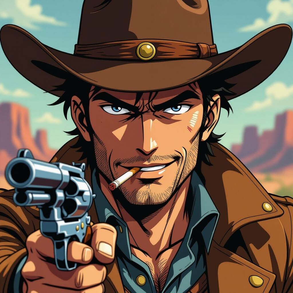 Confident Cowboy Anime Shot with Revolver