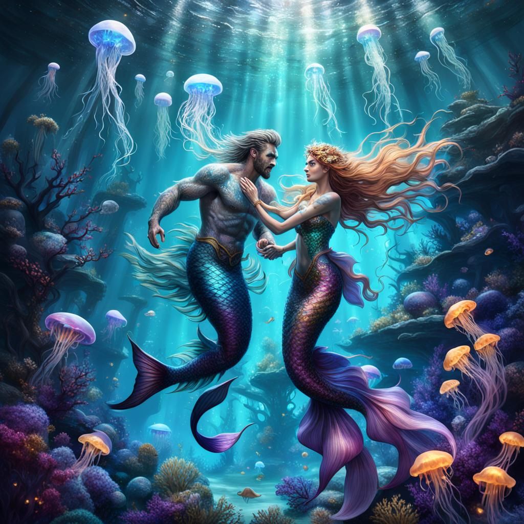 Underwater Mermaid and Merman with Jellyfish: Fantasy Art