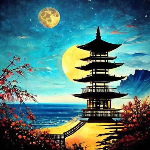 Pagoda and Geisha Silhouette with Moonlit Ocean