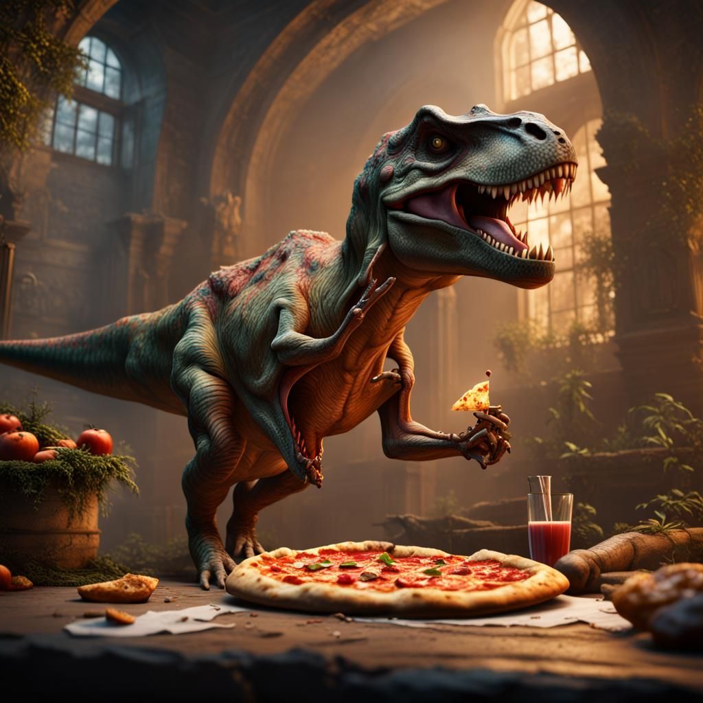 T-Rex Eating Pizza: Detailed Matte Painting