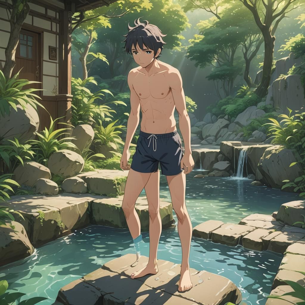 Anime Neko Boy in Swim Briefs, Ghibli Style