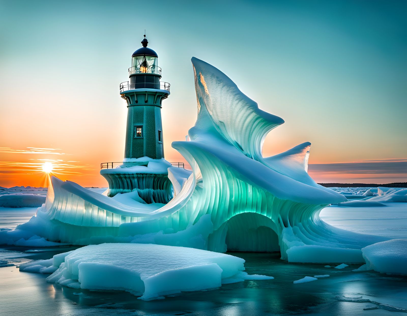 Lighthouse Ice Sculpture on Frozen Sea at Sunset