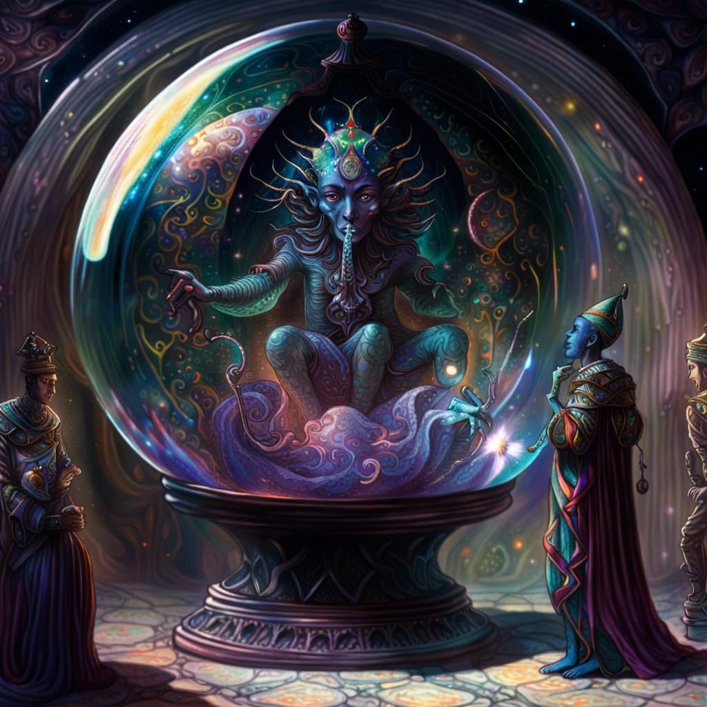 Nyarlathotep is trapped in a glass sphere that is being held by a Court Jester and presented to the Queen as a gift II