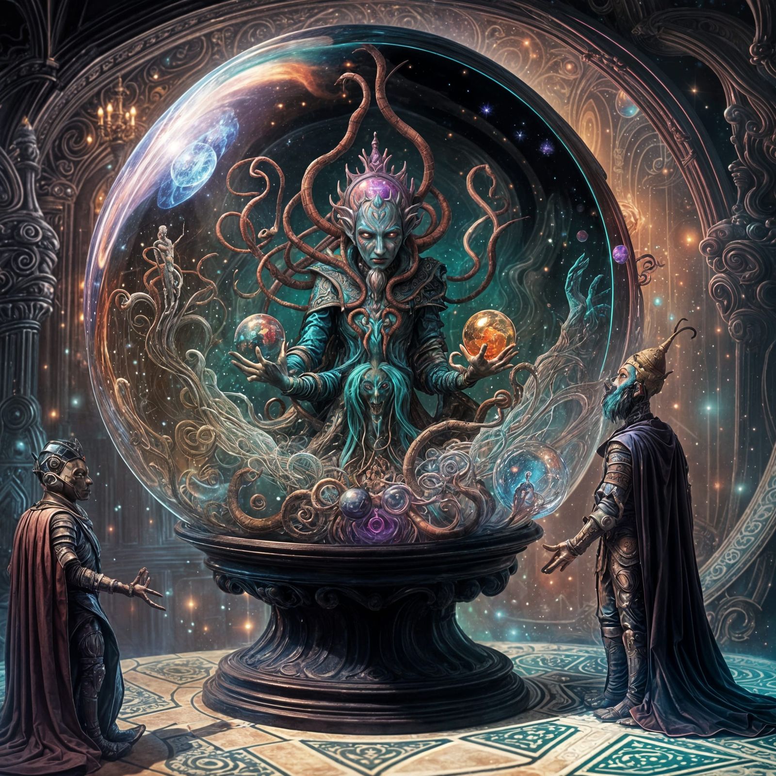 Nyarlathotep is trapped in a glass sphere that is being held by a Court Jester and presented to the Queen as a gift IV