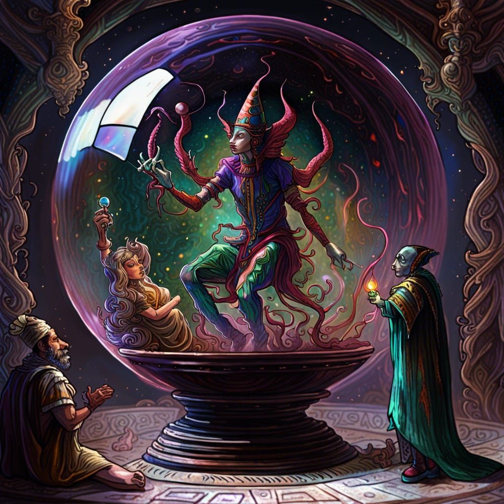 Nyarlathotep is trapped in a glass sphere that is being held by a Court Jester and presented to the Queen as a gift III