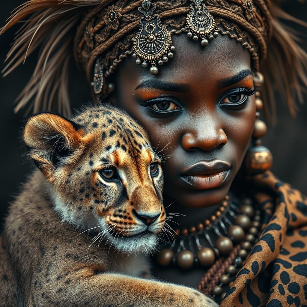 African Princess with Lion Cub in Hyperrealistic HDR