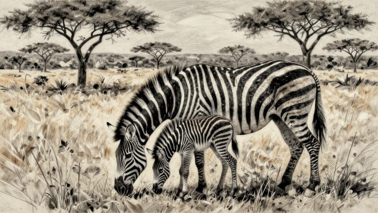 Charcoal Drawing of Zebra Mother and Foal on Savanna