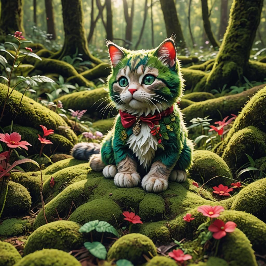 Stuffed Cat Toy in Mossy Forest, Fantasy Art