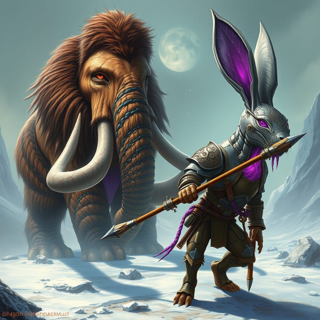 Mammoth Warrior and Cyborg Rabbit in Tundra