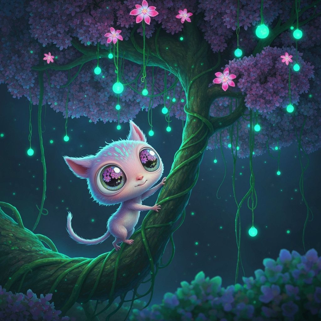 Whimsical Creature Climbs Bioluminescent Alien Tree