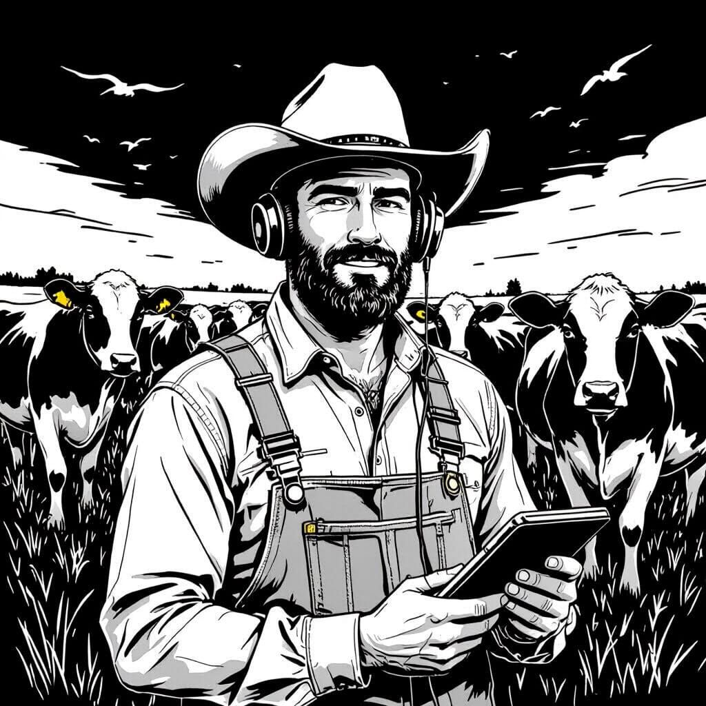 Tech-Obsessed Rancher Caricature in Minimalist Style