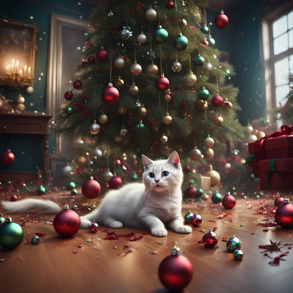 Kittens Falling from Christmas Tree: Fantasy Concept Art