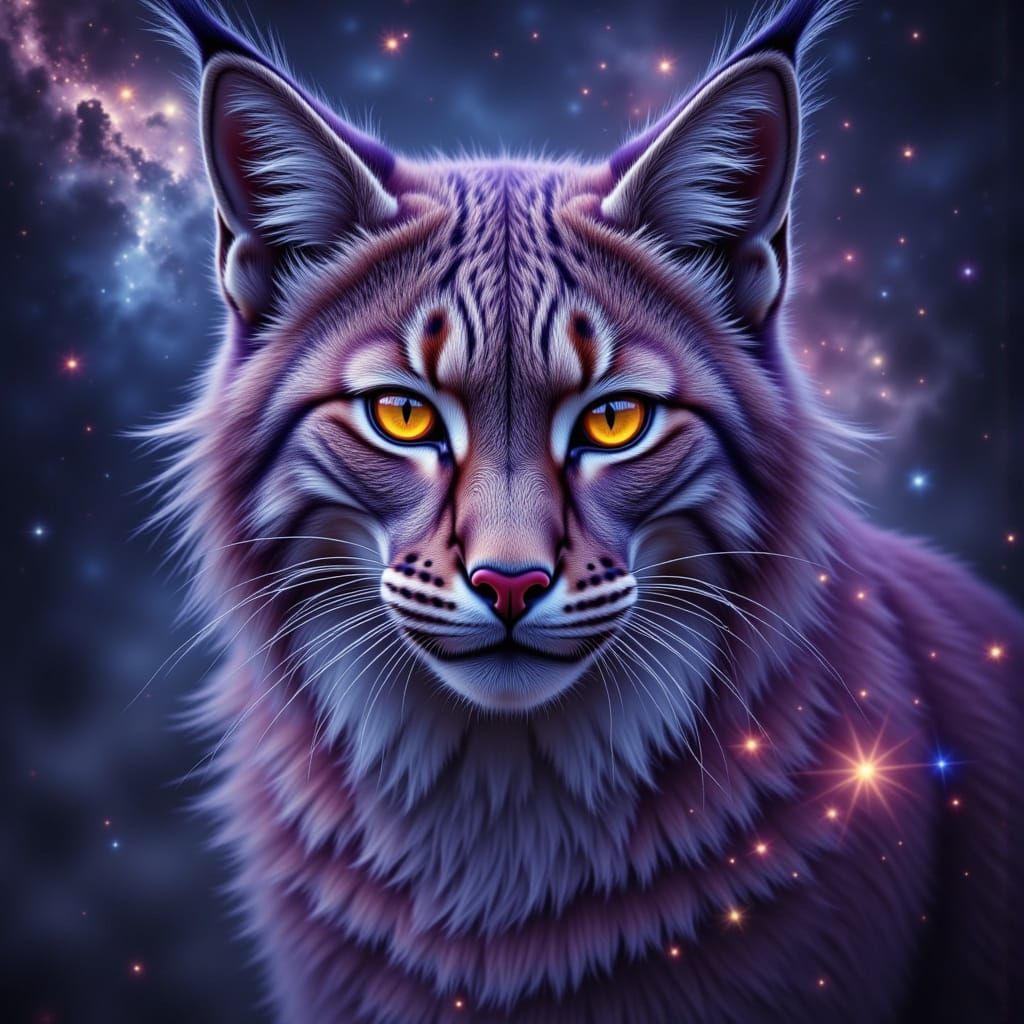Lynx Portrait Merged with Cosmic Nebula