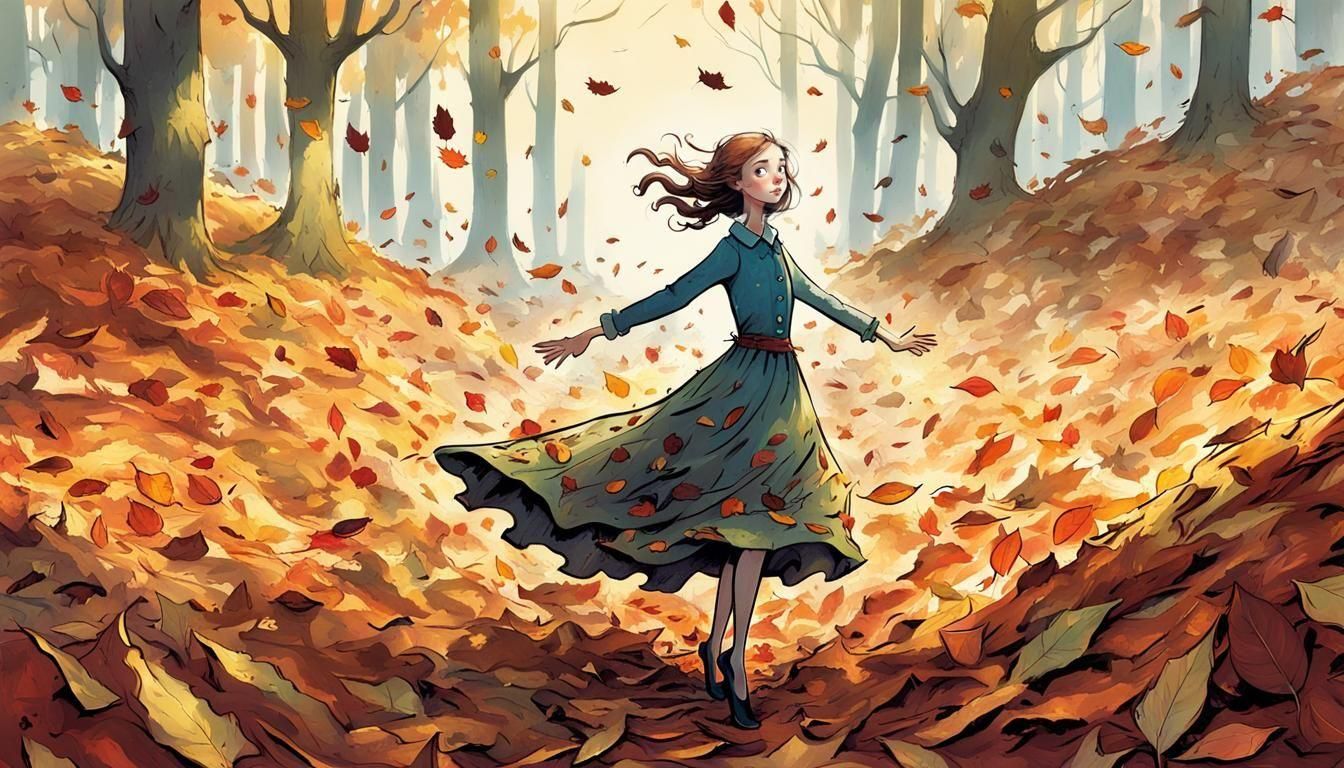 Girl in Autumn Leaf Dress in Comic Book Style