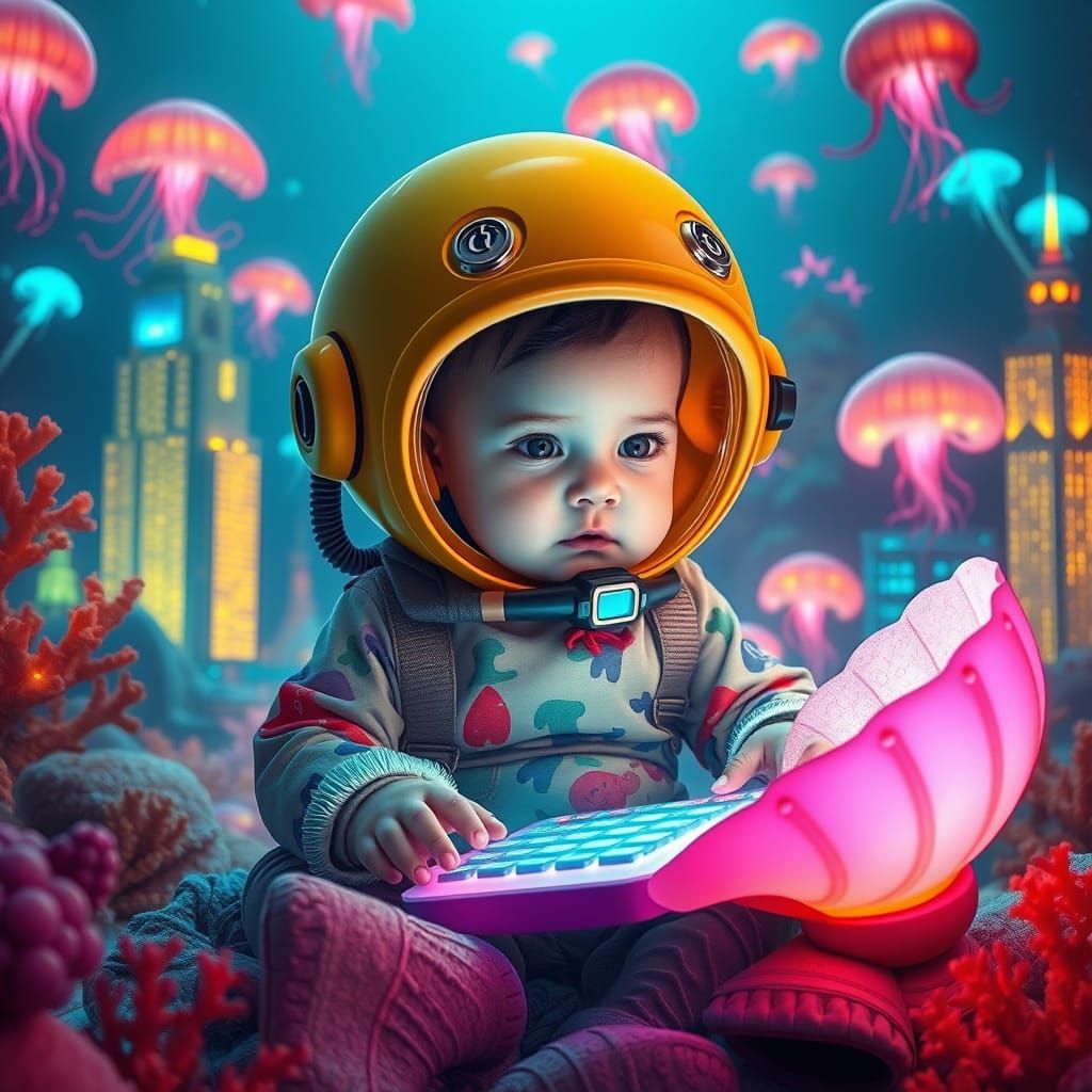Baby Accountant in Underwater City, Neon Futurism