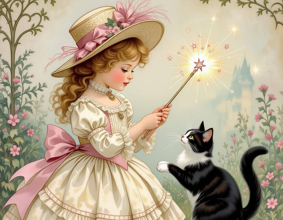 Victorian Girl and Cat in Whimsical Style