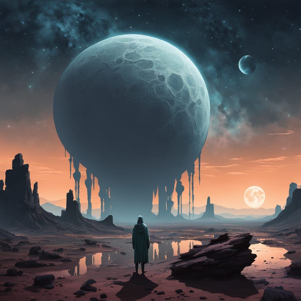 Ethereal Figure in Alien Desert Under Twin Moons