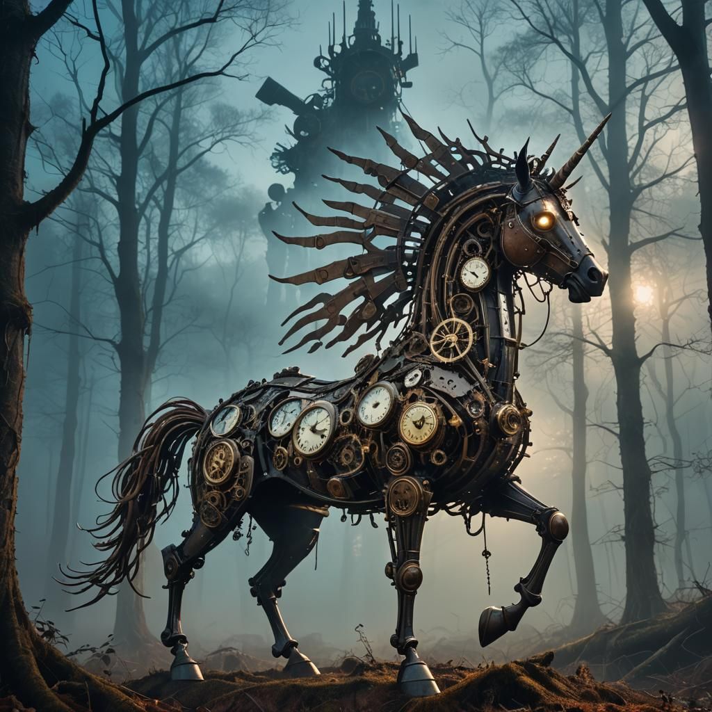 Steampunk Clockwork Unicorn in Eerie Misty Forest
