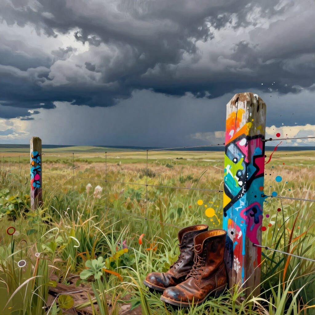 Stormy Prairie Sky Over Boots Nailed to Fence Posts