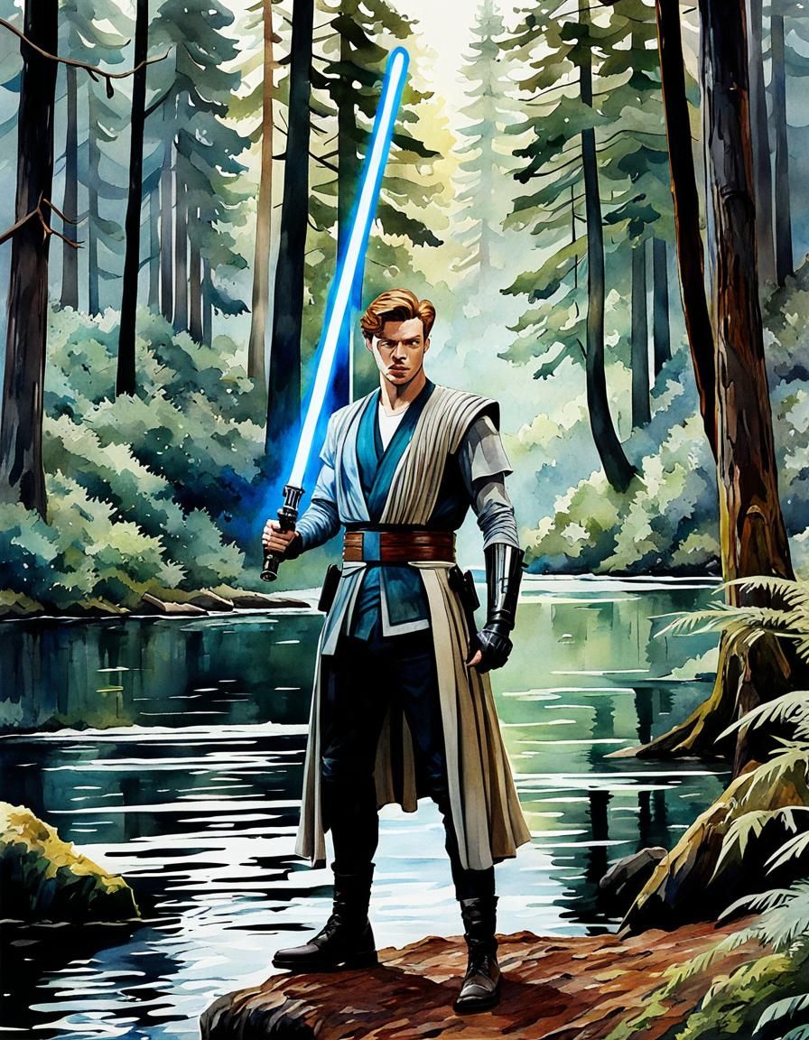 Cal Kestis with Lightsaber in Watercolor Forest