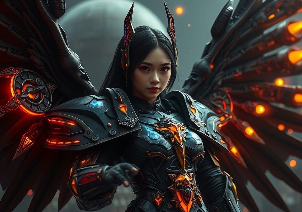 Mech Paladin with Gothic Wings in Sci-Fi Scene