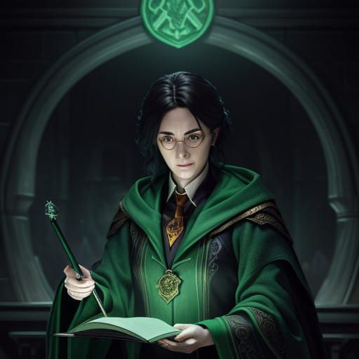 Female Harry Potter Character wearing a Slytherin robe casti...