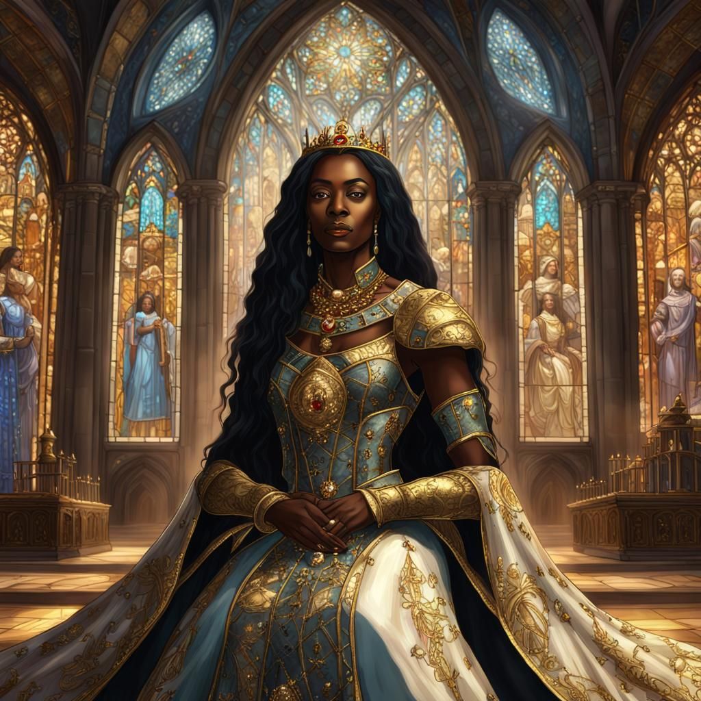 Medieval Black Queen Portrait in Opulent Throne Room